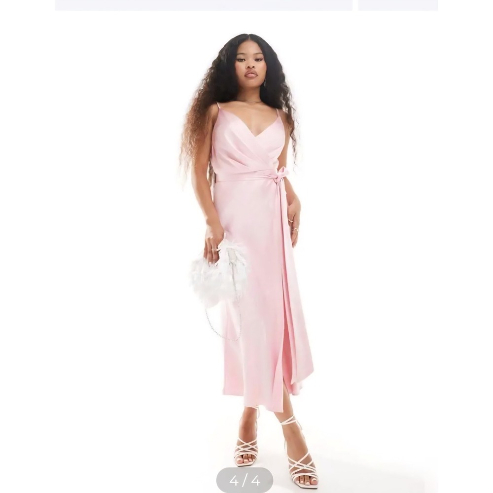 ASOS DESIGN Women Petite Satin Cami Wrap Midaxi Dress  Pink Sz 4